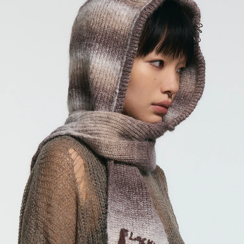 Coffee Gradient Knit Beret with Scarf - Image 5
