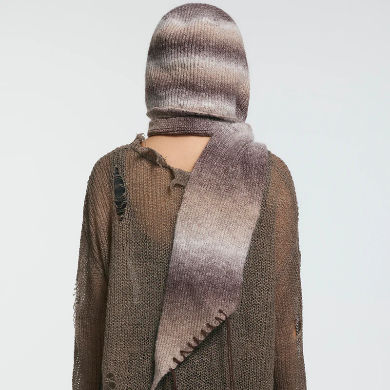 Coffee Gradient Knit Beret with Scarf - Image 6