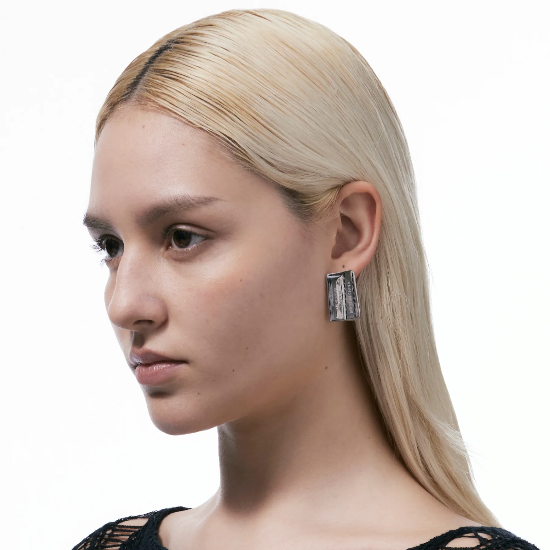 Composition Label Metal Stud Earrings - Image 5