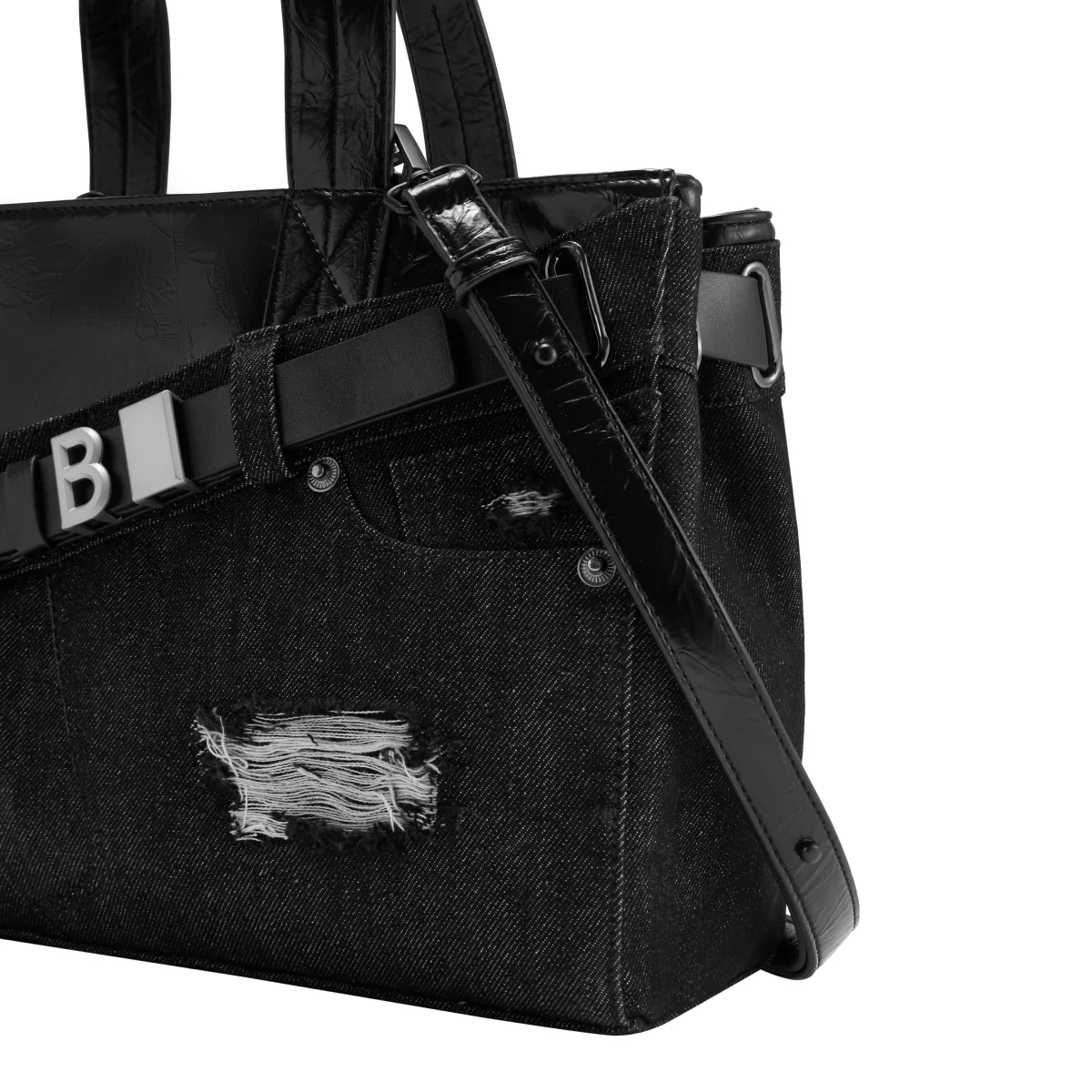 Denim Microfiber Leather Patchwork Tote Bag - Image 3