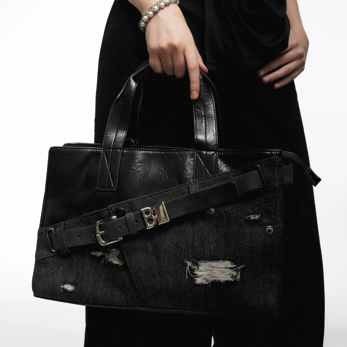 Denim Microfiber Leather Patchwork Tote Bag - Image 4