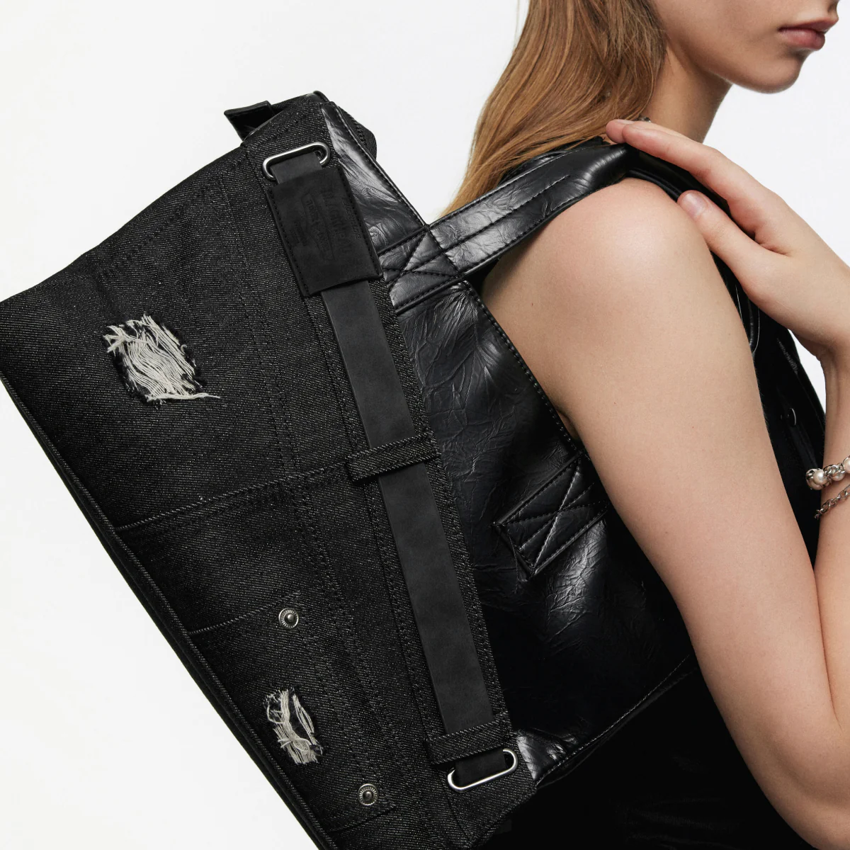 Denim Microfiber Leather Patchwork Tote Bag - Image 5