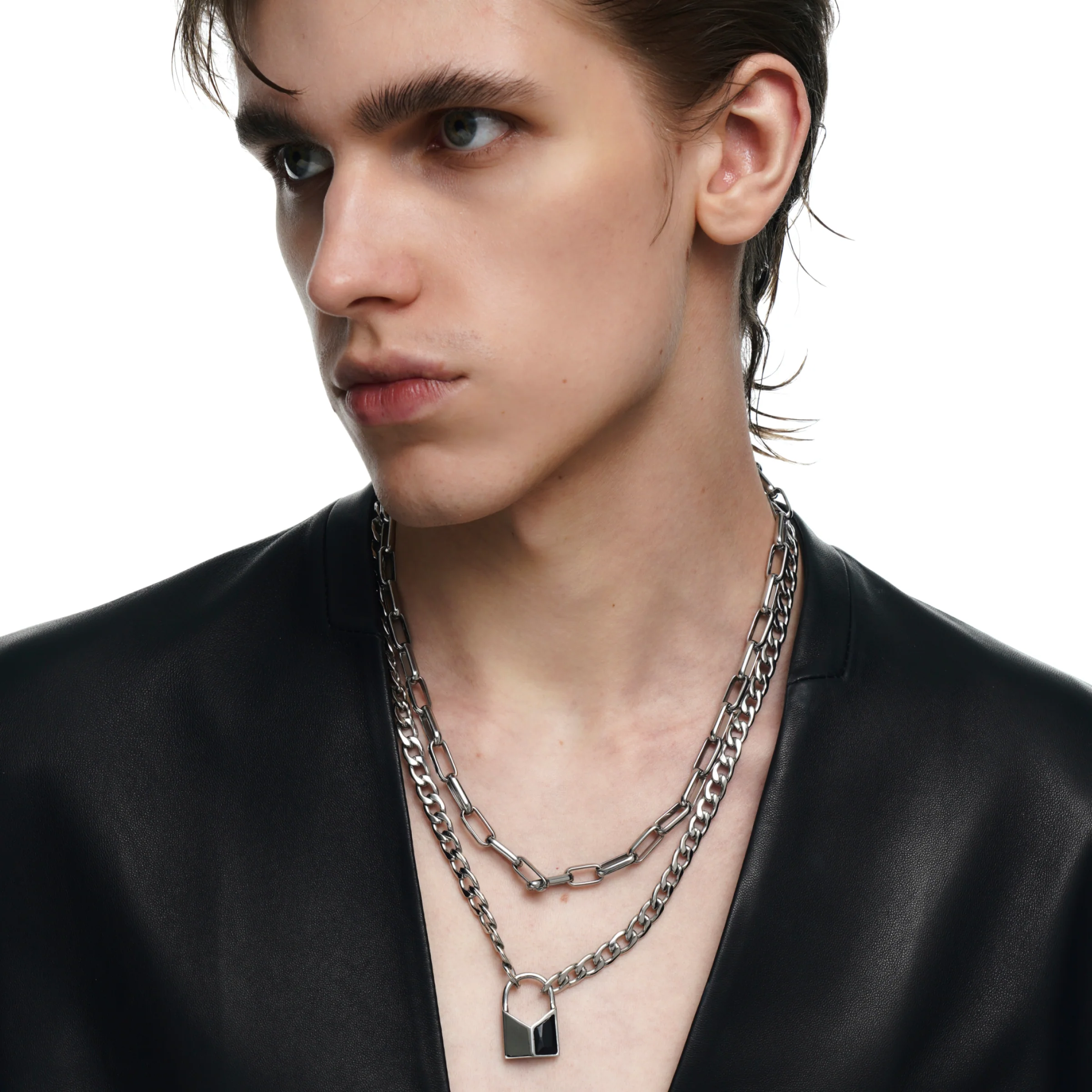 Lover's Interlock Faceted Rhinestone Lock Pendant Double-Layer Necklace - Image 5
