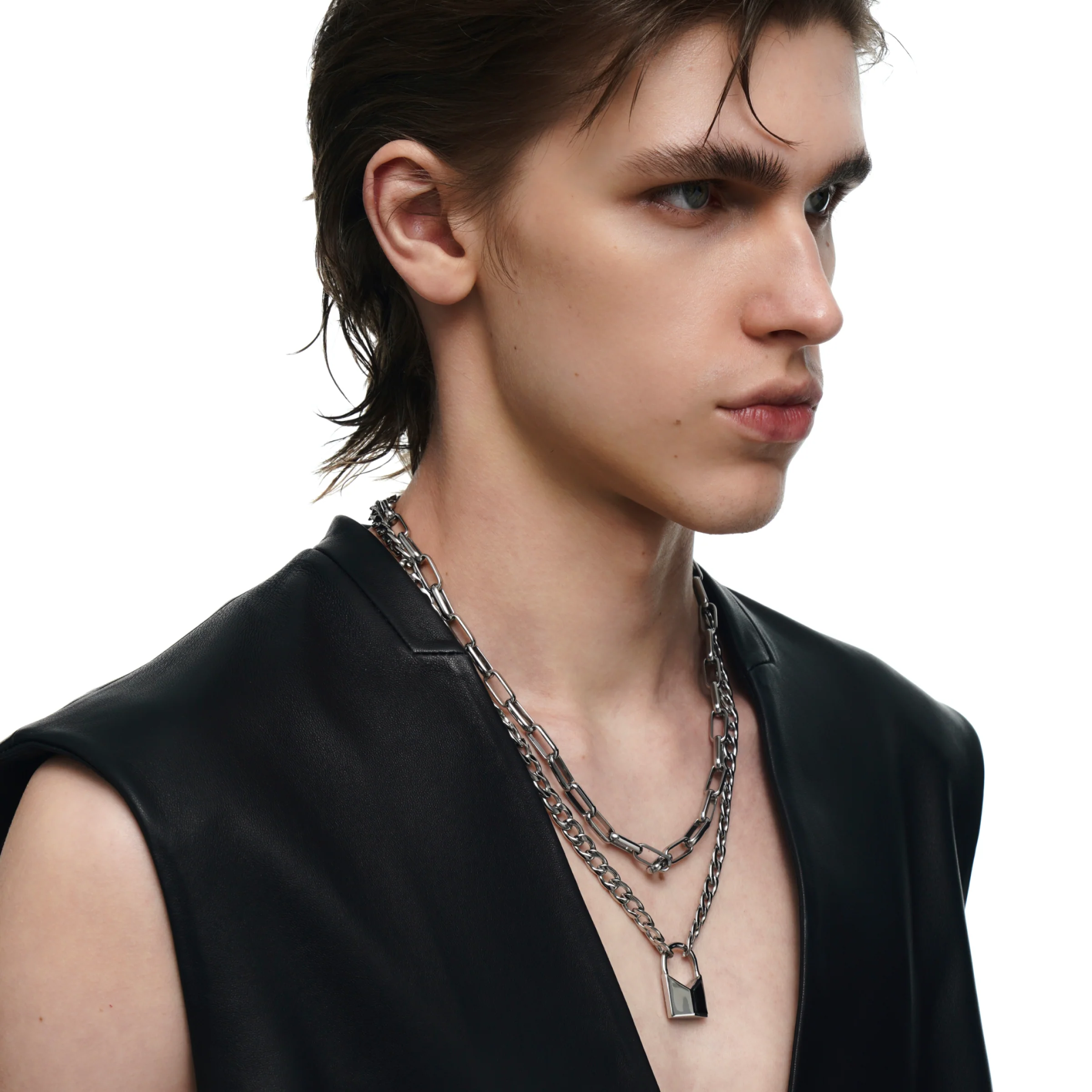 Lover's Interlock Faceted Rhinestone Lock Pendant Double-Layer Necklace - Image 6