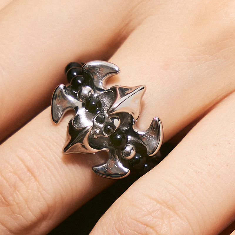 Fishbone & Black Onyx Stacking Ring - Image 2