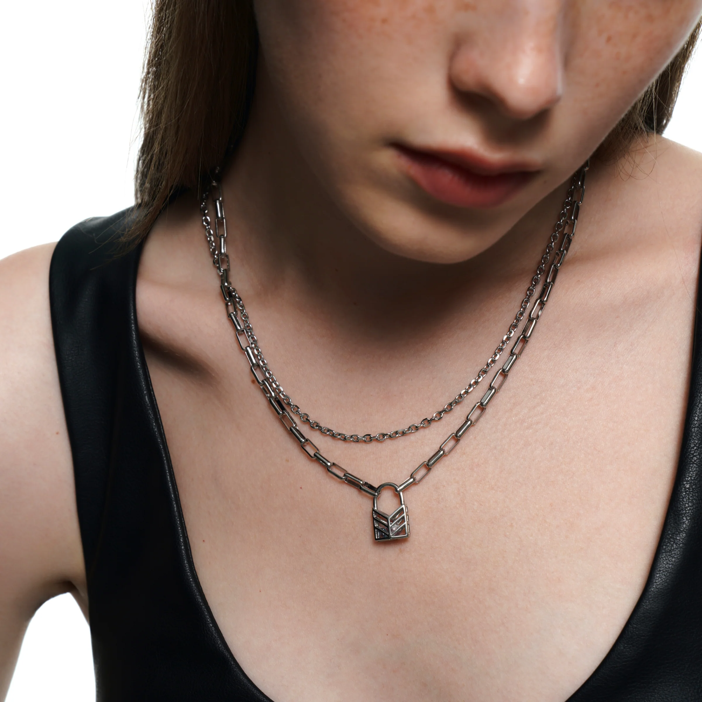 Lover's Interlock Hollow Rhinestone Lock Pendant Double-Layer Necklace - Image 3