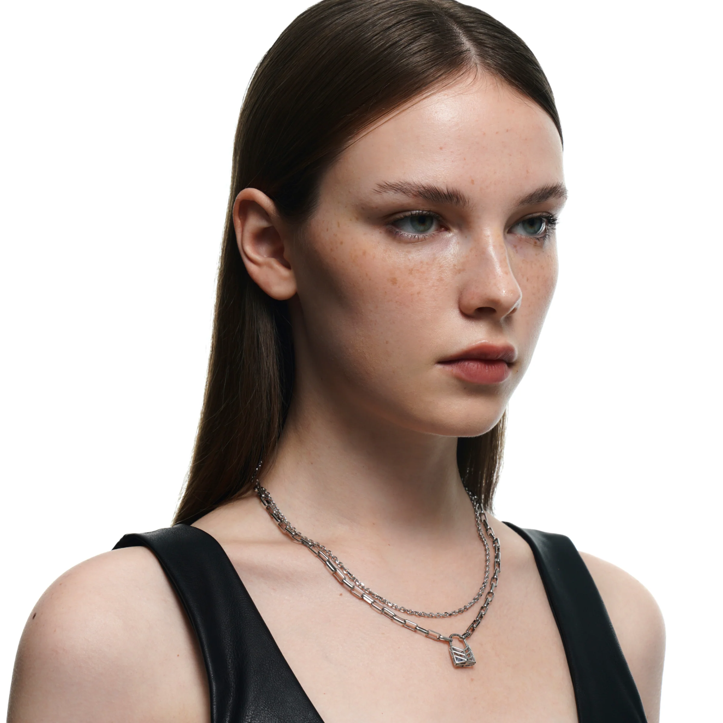Lover's Interlock Hollow Rhinestone Lock Pendant Double-Layer Necklace - Image 4