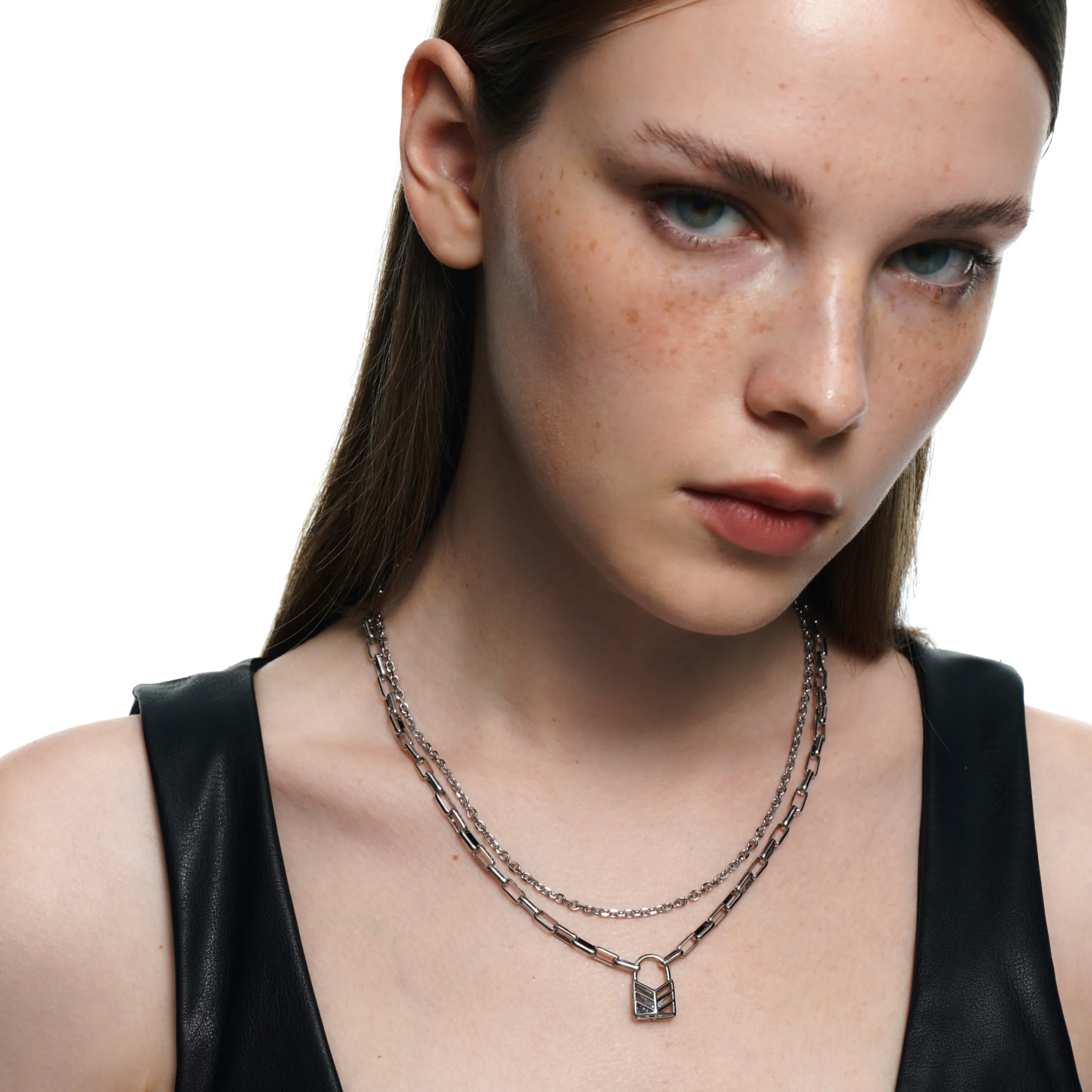 Lover's Interlock Hollow Rhinestone Lock Pendant Double-Layer Necklace - Image 5