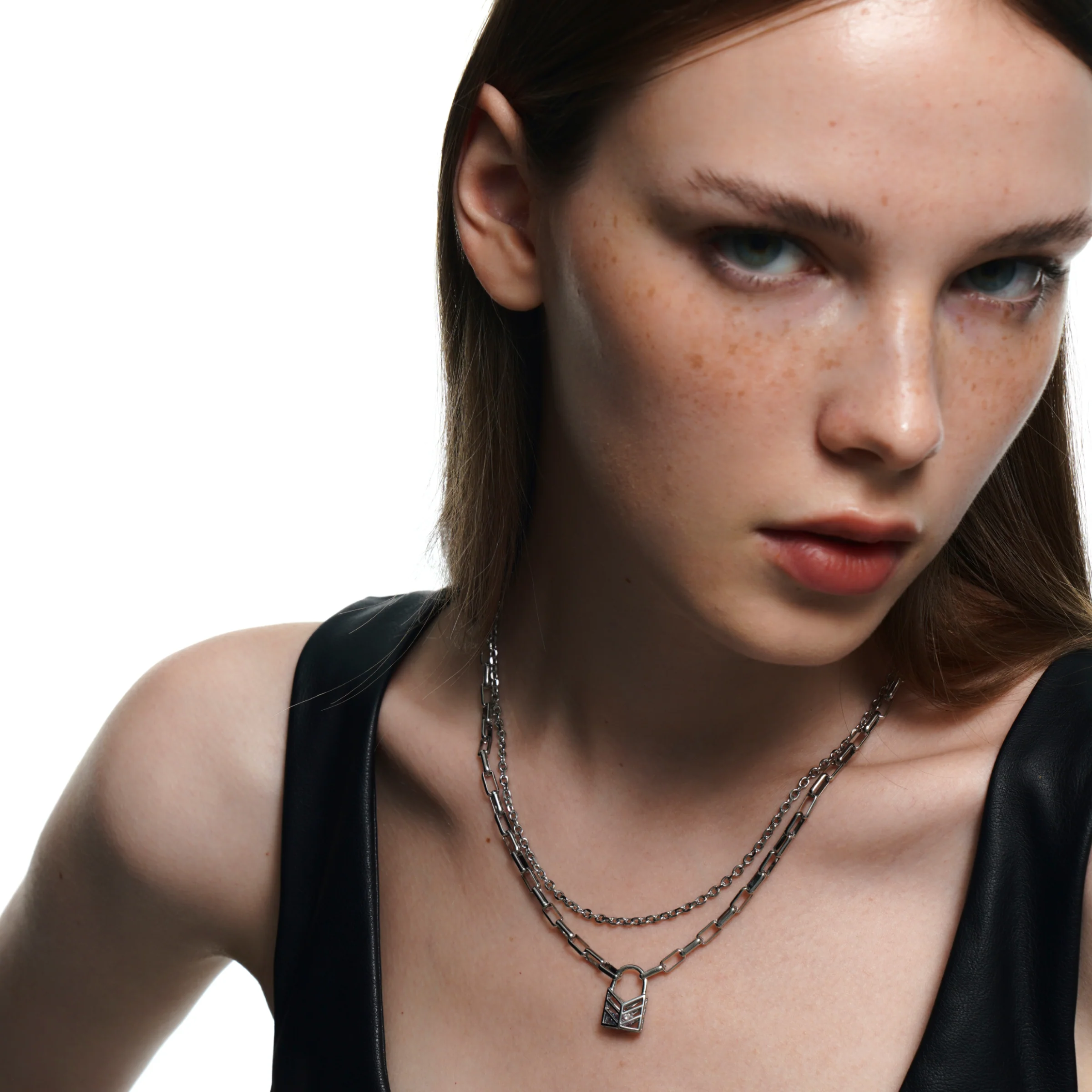 Lover's Interlock Hollow Rhinestone Lock Pendant Double-Layer Necklace - Image 6