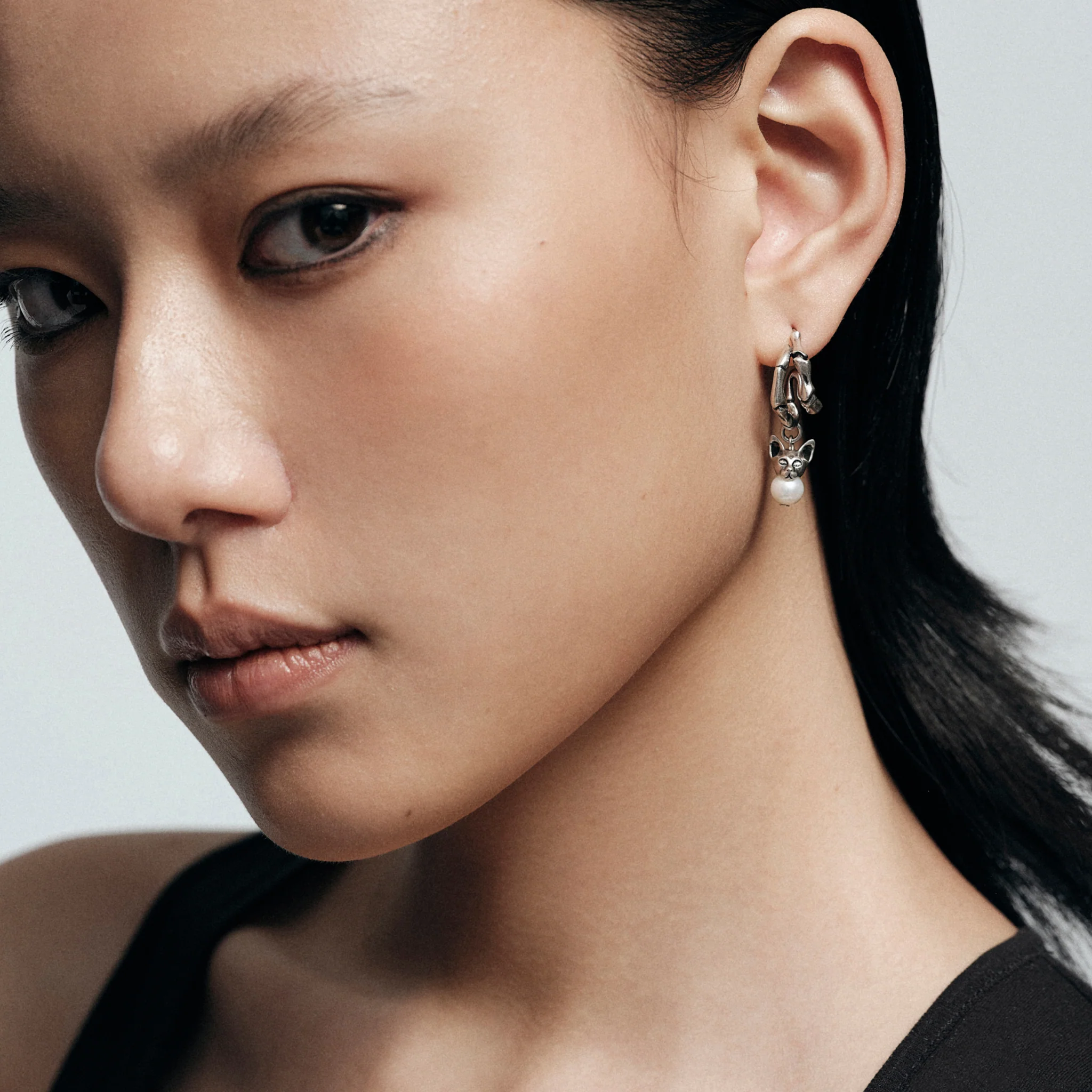 Night Cat Skull Pearl Drop Earring (Left) - Image 3
