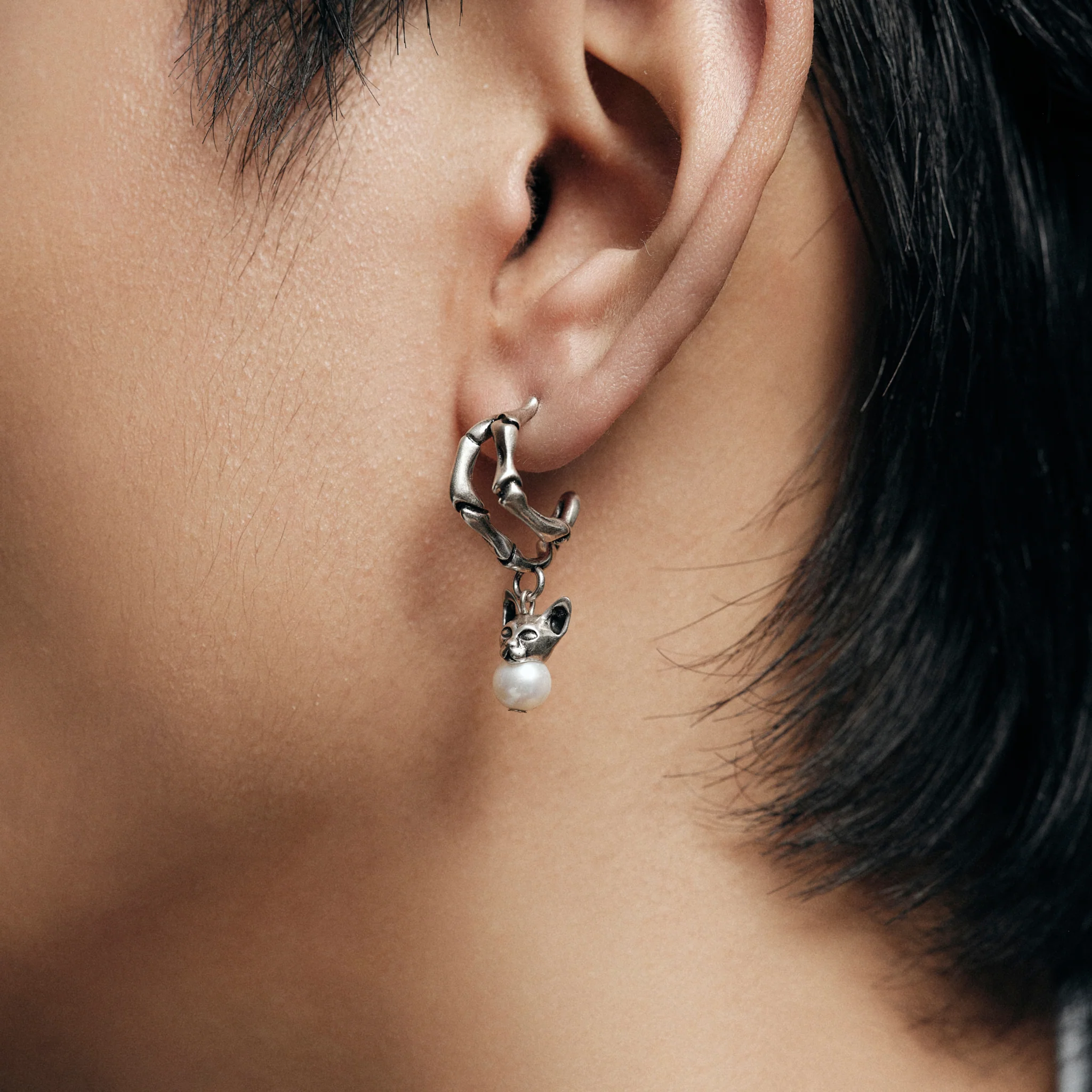 Night Cat Skull Pearl Drop Earring (Left) - Image 4