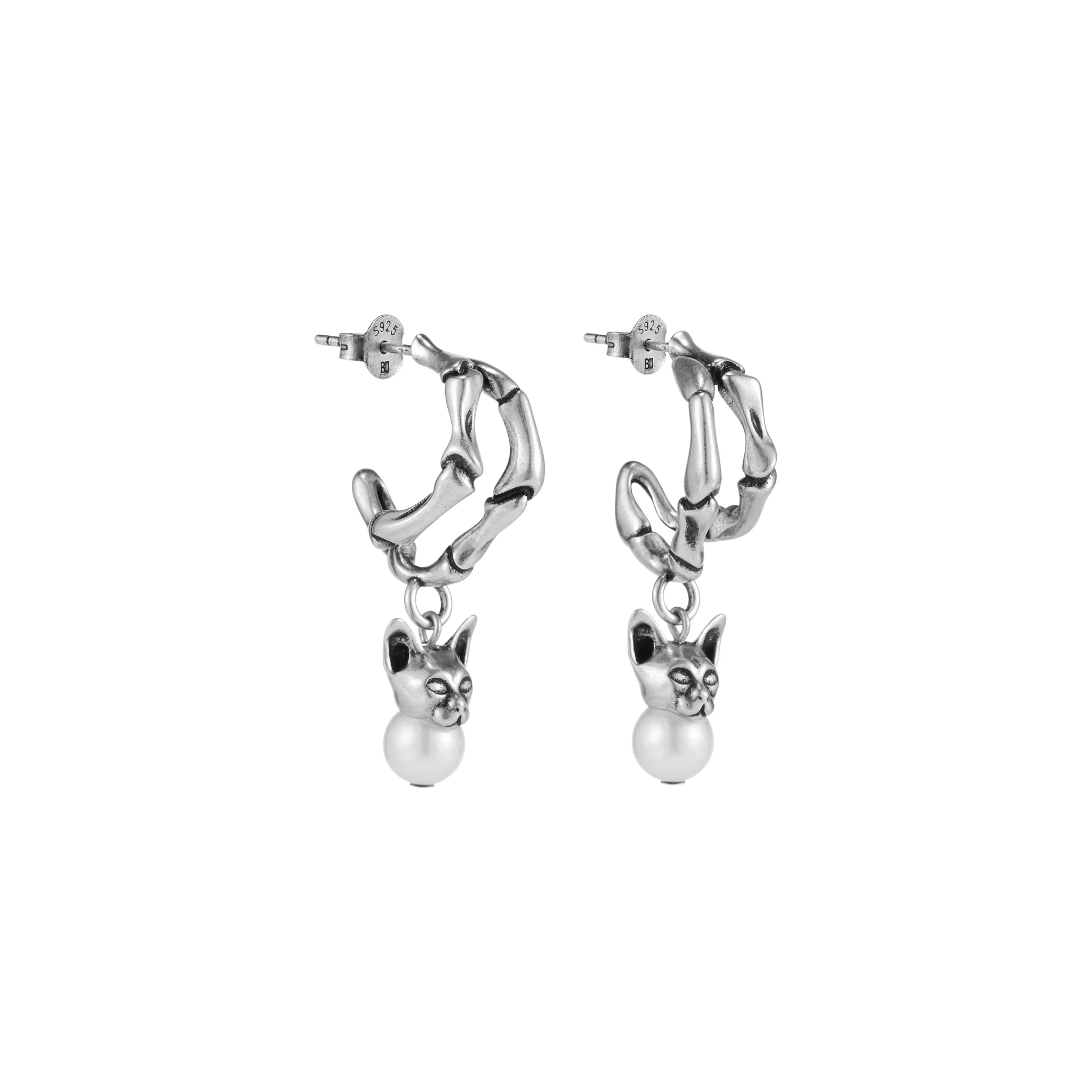 Night Cat Skull Pearl Drop Earring (Left) - Image 5