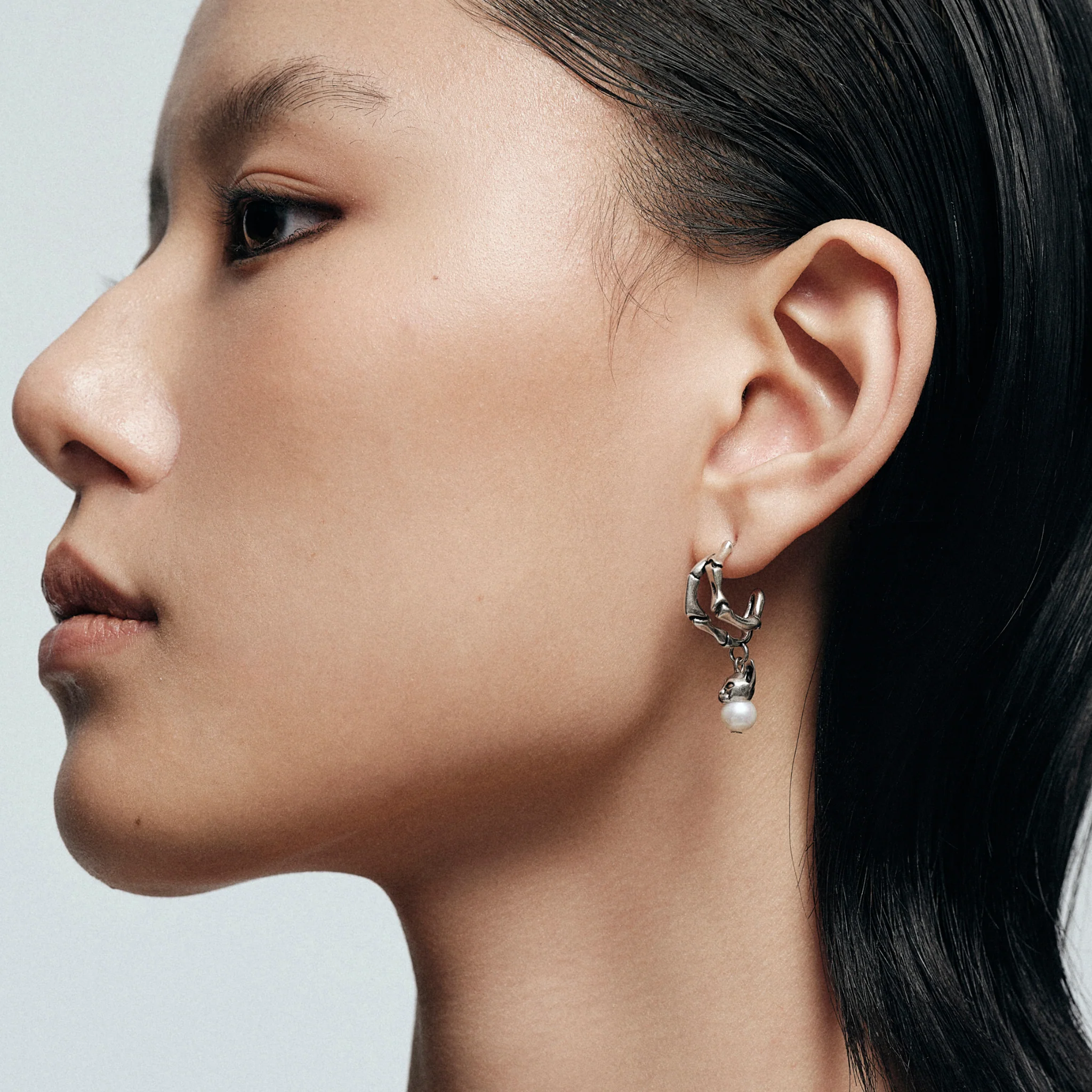 Night Cat Skull Pearl Drop Earring (Left) - Image 6