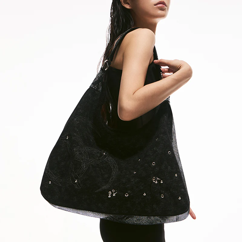 Oversized Raw-Edge Denim Bag with Triple Serpent Rings - Image 3