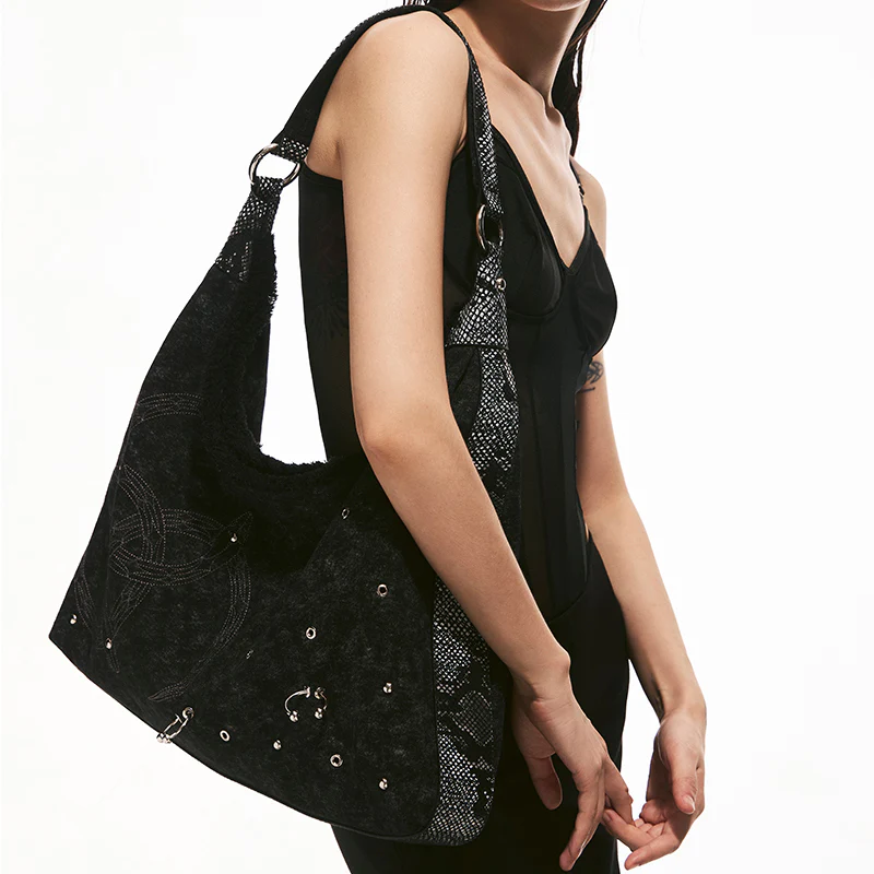 Oversized Raw-Edge Denim Bag with Triple Serpent Rings - Image 4
