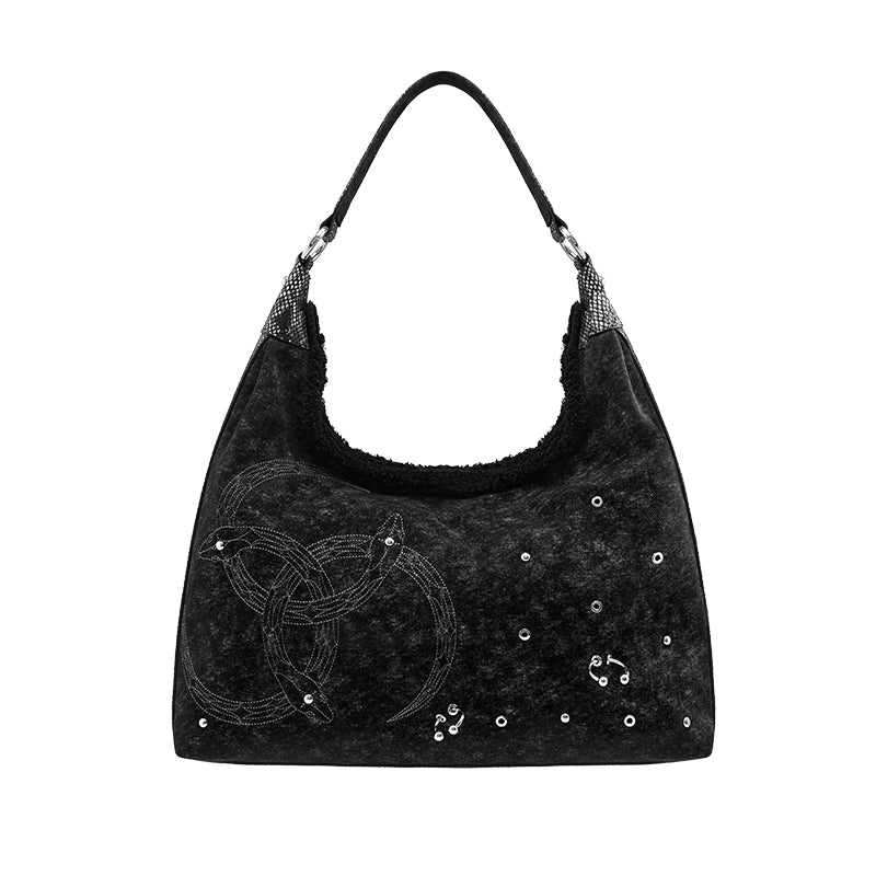 Oversized Raw-Edge Denim Bag with Triple Serpent Rings - Image 5