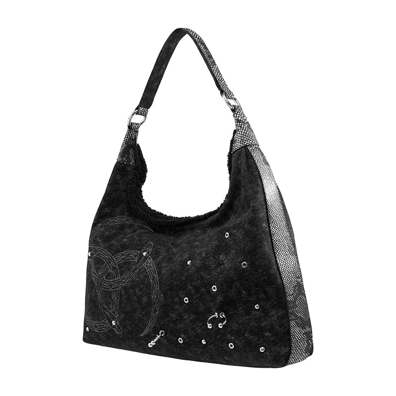 Oversized Raw-Edge Denim Bag with Triple Serpent Rings - Image 6
