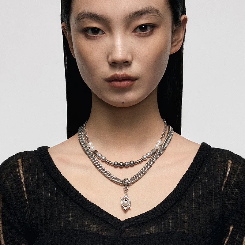 Punk Eye Double-Layer Pearl Necklace - Image 3