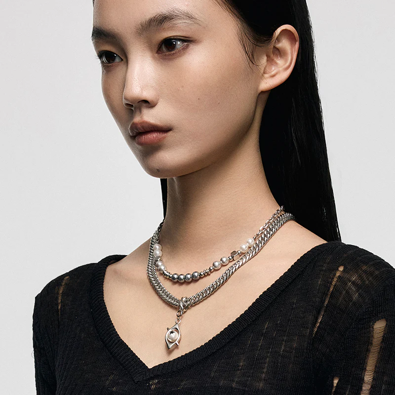Punk Eye Double-Layer Pearl Necklace - Image 4