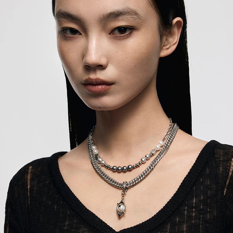 Punk Eye Double-Layer Pearl Necklace - Image 5