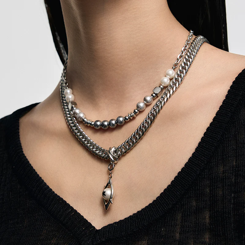 Punk Eye Double-Layer Pearl Necklace - Image 6