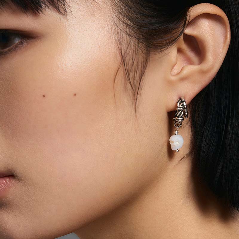 S925 Sterling Silver Pearl Skull Punk Drop Earring (Left, Single) - Image 3
