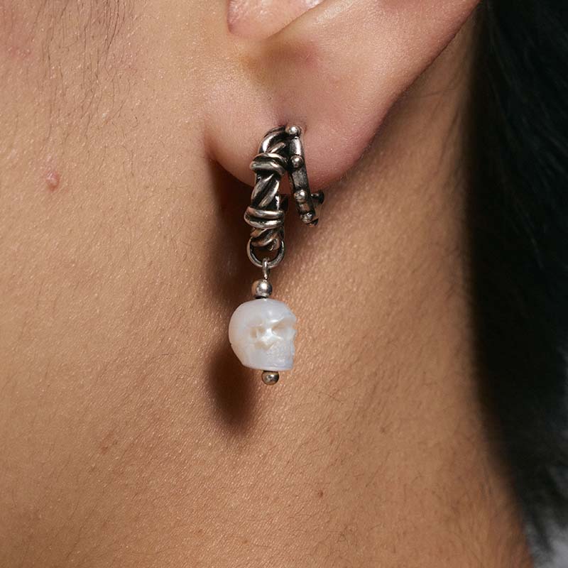 S925 Sterling Silver Pearl Skull Punk Drop Earring (Left, Single) - Image 5