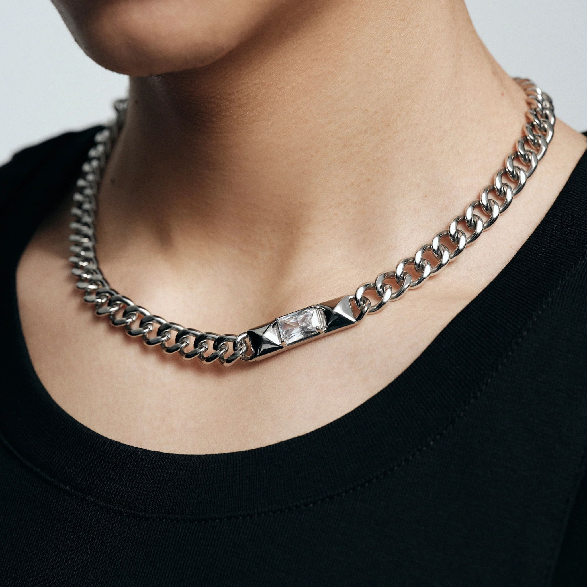 Studded Square-Cut Cuban Chain Necklace - Image 6